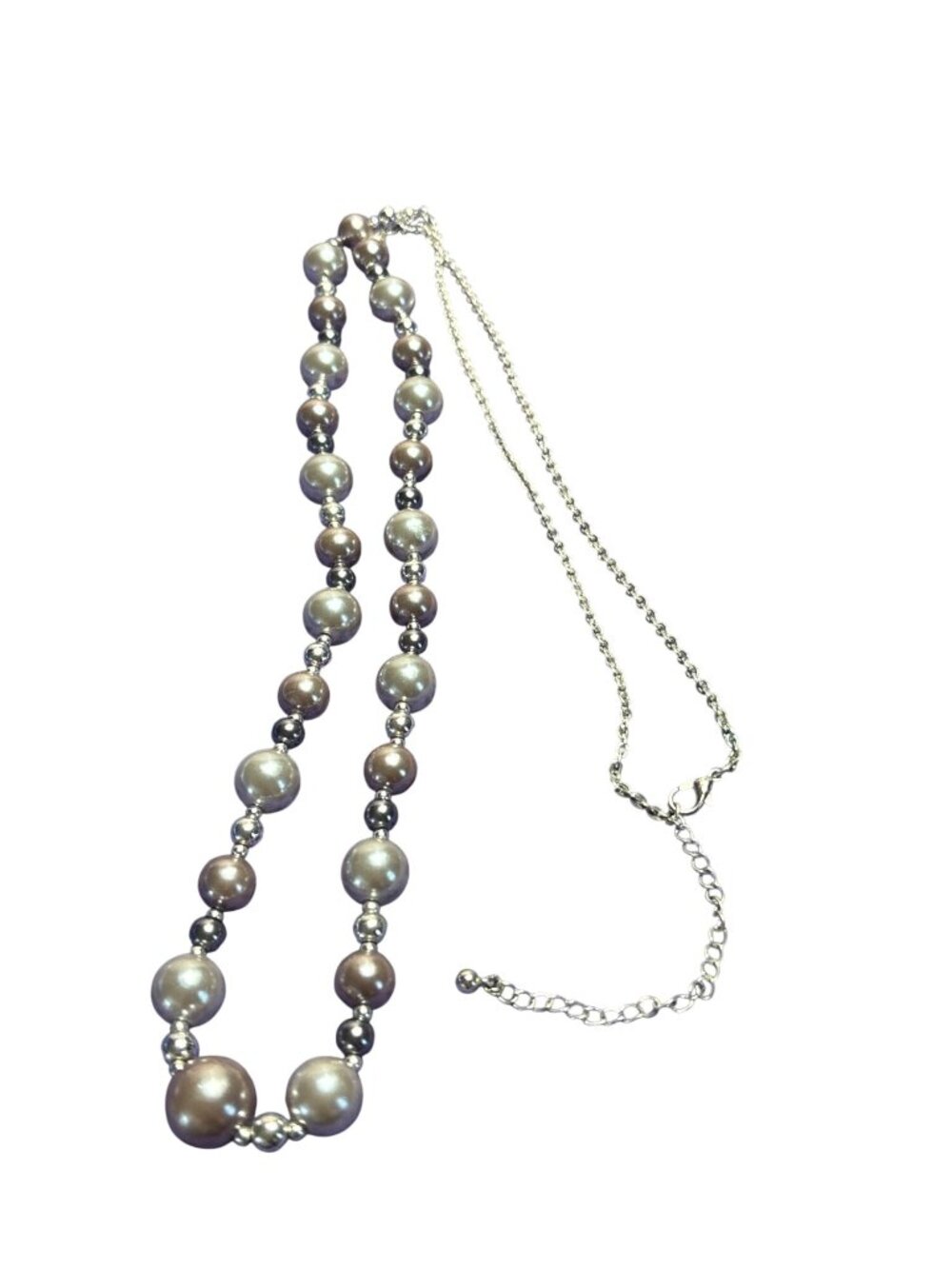 3 Tone Plastic Faux Pearl Beaded Necklace Silvertone Spacer Beads Chain
